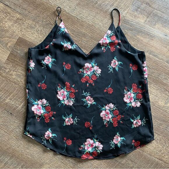 Express Floral Top Black Red Pink Feminine V Neck Medium - Picture 5 of 9